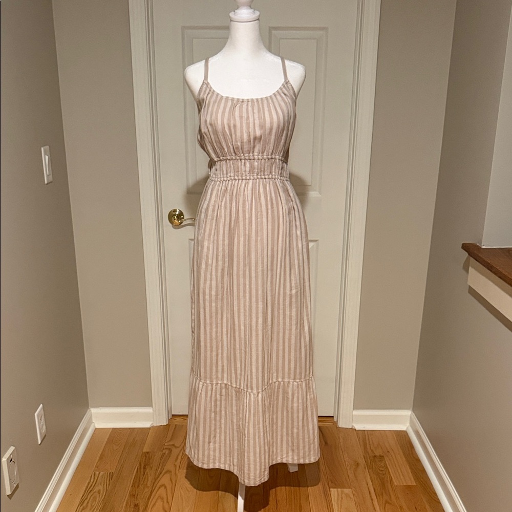 Pact Coastal Double Gauze Flax and Cream Stripe Maxi Dress